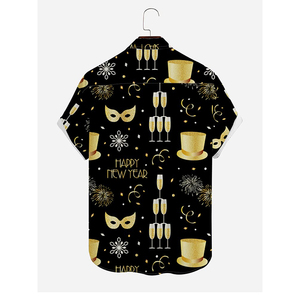 Men's Black Hawaiian <b>Shirt</b> Happy New Year Print <b>Gold</b> Champagne Glasses Top Hat Mask Short Sleeve Turn-down Collar Summer - Product Image 2