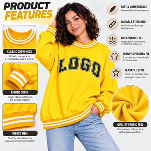 Sudadera Amarilla Oversize Estilo Universitario Casual con Ribete a Rayas, Hombros Caídos, Sin Capucha, Cuello Redondo - Product Image 4