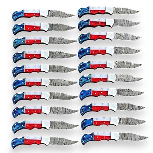 Lot of Damascus Steel Folding <b>Knives</b> American Theme Back <b>Lock</b> EDC Pocket <b>Knives</b> Wholesale Pack with Leather Sheath - Product Image 1