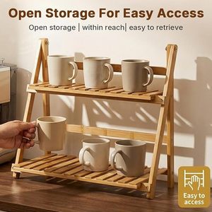 <b>Foldable</b> Bamboo 2 Tier <b>Desk</b> Organizer Shelf Slatted Storage Rack Standing Display Holder for Office Kitchen - Product Image 3