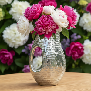 Handcrafted Silver Metal Flower <b>Vase</b> Pitcher Theme Featuring Textured Hammered Finish And <b>Unique</b> Ergonomic Handle For Decoration - Product Image 2