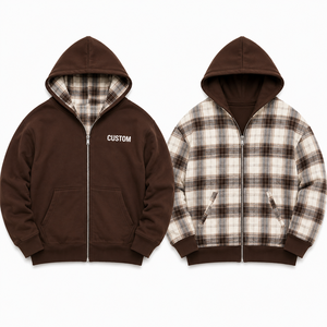 Sweat à capuche réversible Y2K en flanelle à carreaux, épais, double couche, entièrement zippé, coupe ample, avec logo personnalisé – Fournisseur de sweats à capuche réversibles - Product Image 2