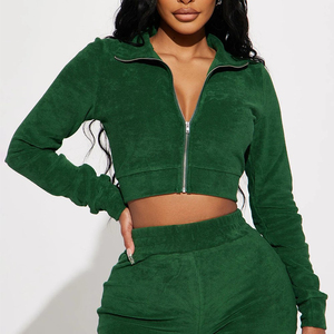 Women Solid Polyester Velour 2-Piece Tracksuit Set <b>Zip</b>-<b>Up</b> <b>Crop</b> Top and Shorts Full-<b>Zip</b> Autumn Casual Wear - Product Image 5