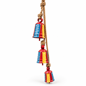 Trio de Campanas de Hierro Carmesí con Motivos de Rayos Solares, Bordes de Esmalte Punteado y Suspensión de Yute Trenzado - Product Image 5