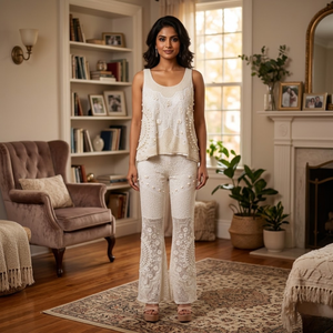 Women's Solid White Lace Two-Piece Set | Sleeveless Tank Top High-Waist <b>Flare</b> Pant | Elegant Eco-Friendly Breathable Party Wears - Product Image 1
