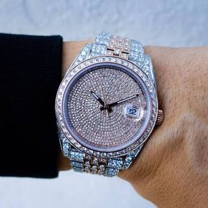Montre pour homme de luxe RoseTone 46 mm en acier inoxydable, cadran entièrement serti de diamants, style HipHop, mouvement à quartz, montre à aiguilles, diamant Moissanite - Product Image 3