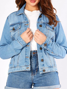 Chaqueta vaquera de algodón para mujer, de color sólido, manga larga, con cuello vuelto, estilo casual y moderno. - Product Image 4