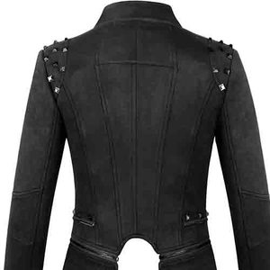 Chaqueta de Moto de Cuero PU Blanca para Mujer, Cuello Alto, Manga Larga, Decoración con Remaches, Cierre de Cremallera, Color Sólido, Estilo Biker, Ropa de Otoño - Product Image 6