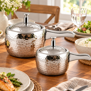 Casserole à pression en acier inoxydable avec finition martelée, couvercle et longue poignée pour la maison, la cuisine et l'hôtel - Product Image 5