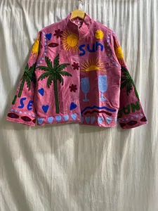 Vintage Inspired Pink Velvet Embroidered Art Jacket Women Palm <b>Tree</b> Sun Heart Pattern Bohemian Full Sleeve Long Jacket - Product Image 1