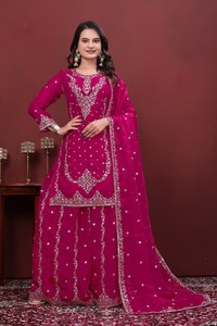 AARIKA TEXTILE Ensemble Sharara pour femme, tenue de soirée, en soie Fendy 1450 g/m², broderie de sequins, Kurta, pantalon intérieur, Dupatta, Diwali, Mariage, Ethnique - Product Image 1