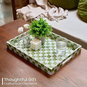 Plateau de service rectangulaire artisanal en nacre incrustée, bleu et blanc à carreaux, plateau décoratif pour table basse, vente en gros - Product Image 3