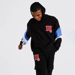 Men's Black Color Blocking Hooded Sweatshirt Set with Red Logo Streetwear Tracksuit Full Sleeve Loose Fit Autumn Wear - Product Image 4