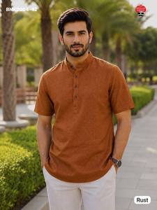 High Quality Khadi Linen with Solid & Half Sleeve Mandarin Collar & Side Slit <b>Man's</b> Short <b>Kurta</b> Collection Supplier from Surat - Product Image 5
