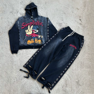 Survêtement d'hiver pour homme style urbain en polaire patchwork respirant à séchage rapide, effet délavé à l'acide, avec sweat à capuche zippé orné de strass et élastique - Product Image 2