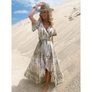 Robe longue tie-dye pour femme, col en V, manches courtes, style bohème, pour l'été et la plage - Product Image 1