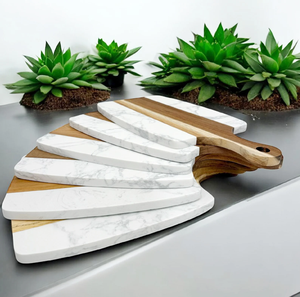 Planche à découper en bois d'acacia et marbre, cadeaux pour la maison, planches à fromage en marbre et bois, plateau à charcuterie en bois et marbre, ensemble cadeau - Product Image 1