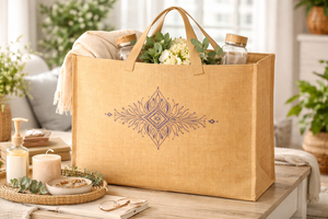 <b>Extra</b> <b>Large</b> Natural Jute Tote Bag with Blue <b>Print</b> Eco Friendly Reusable Shopping Grocery Bag Heavy Duty Wholesale Burlap Tote - Product Image 2