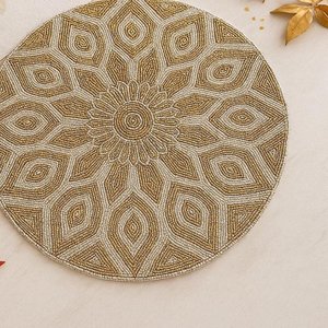 SET of 2 Floral Gold & Ivory <b>Beaded</b> Eco-Friendly <b>Placemats</b> Handmade Round Home Use Decorative Table Mats for Elegant Dining - Product Image 2