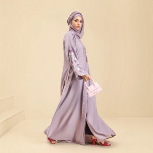 Women's Purple Floral Embroidered <b>Abaya</b> Long Sleeve Modest Floor Length Dress With Hijab Middle East Style Daily Wear - Product Image 2