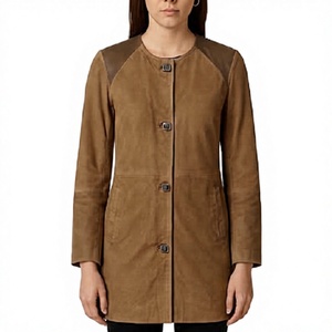 Women's Brown Suede <b>Leather</b> Coat Slim Fit Premium <b>Jacket</b> Heated Solid Button Closure Elegant Winter Wear Soft Suede Long Stylish - Product Image 1