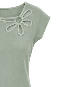 Customized Light Green Women Casual Summer Blouse Elegant Flower Neck Design Short Sleeve Loose Fit Fashion Daily Wear <b>Top</b> Shirt - Product Image 4