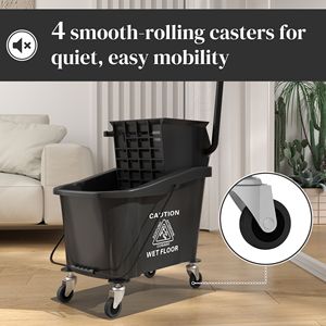Seau à serpillière noir de 38 litres avec poignée pliable et essoreur à roulettes, chariot de nettoyage de 30L en PP - Product Image 6