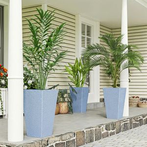 Set di 3 Vasi Alti Grigio Chiaro da 24 Pollici con Decorazione in Rattan Smaltato e Fori di Drenaggio per Piante da Esterno - Product Image 2