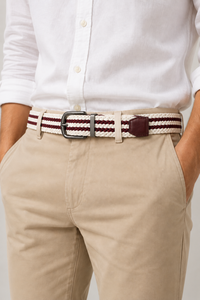 Mens Elastic Braided <b>Belt</b> Woven Stretch Casual <b>Belt</b> Alloy Buckle <b>Burgundy</b> Trim Wholesale Supplier Ivory <b>Burgundy</b> Stripe OEM - Product Image 5