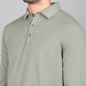 Polo à manches longues pour homme en coton piqué vert sauge avec col boutonné – Vêtement décontracté – Fabricant - Product Image 6