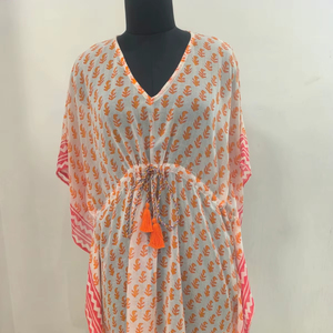 Kaftán 100% Algodón Ligero con Estampado Geométrico, Estilo Boho, Cuello en V, para Playa, Verano, Mini, Sin Mangas, con Cinturón, Diseño Vibrante en Contraste - Product Image 1