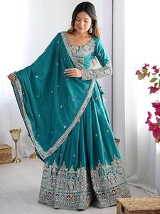 Elegante conjunto de lehenga choli color verde azulado con dupatta bordada, manga larga, diseño en línea A hasta el suelo, para bodas y fiestas. - Product Image 3