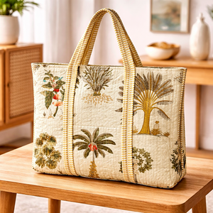 Beige Botanical Print Cotton Tote Bag Large Capacity Reusable Shopping Bag Eco Friendly Women Shoulder Handbag Wholesale - Product Image 1