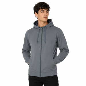 Men's Gray <b>Hooded</b> <b>Zip</b>-Up Fleece Casual Autumn Solid Color Front Pocket Cotton Knitted Jogging Workwear Hoodie - Product Image 2