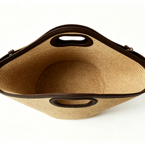 Sac fourre-tout personnalisé en paille naturelle avec poignée découpée, sac à main tissé avec garniture en similicuir contrastant, sac de shopping géométrique en paille large - Product Image 6