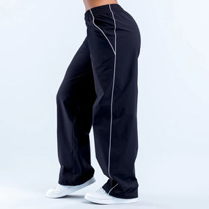 Best Women's Black Wide Leg Pants With <b>White</b> Side Stripe <b>Elastic</b> <b>Waist</b> Loose Fit Full Length Casual Spring Style Solid Color - Product Image 1