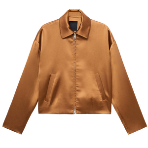 Chaqueta bomber de satén ligera personalizada para mujer, color marrón, manga larga, con cierre completo, chaqueta de satén para mujer - Product Image 1