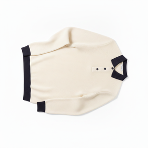 Polo en tricot à manches longues pour homme, couleur crème avec col et poignets bleu marine, style preppy, couleur unie, boutons sur le devant - Product Image 4
