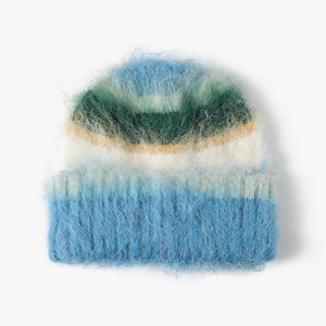 Custom <b>Fluffy</b> Mohair Beanie Soft Gradient Striped <b>Cuff</b> Hat Fashionable Warm Manufacturers Caps for Beach UsePink Blue Striped - Product Image 2