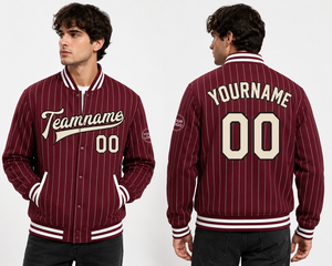 Custom Pinstripe Varsity <b>Jacket</b> <b>Men</b> Maroon <b>White</b> Stripes Team Name Number Logo Print Preppy Style Autumn Sportswear - Product Image 4