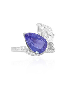 Bague Statement Toi et Moi en Or 10K 14K 18K et Argent 925 935 avec Saphir Bleu Taille Poire et Moissanite Diamant, Bijoux Fins - Product Image 3