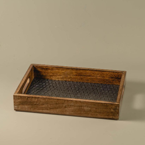 Plateau de service rectangulaire en bois avec doublure à motif végétal, design minimaliste, vaisselle et assiettes - Product Image 3