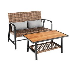 2-Piece Patio Rattan <b>Garden</b> Set Quick Dry Cushion <b>Coffee</b> <b>Table</b> with Shelf - Product Image 3