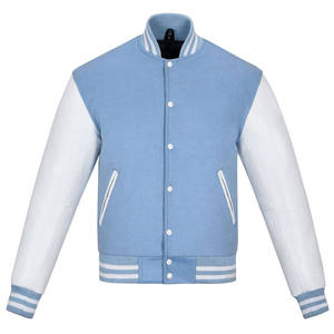 Men's Light Blue Varsity Jacket White Sleeve Stand Collar Preppy Style Regular Fit Autumn Wear Polyester Cotton <b>Material</b> - Product Image 1