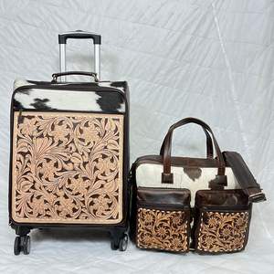 Ensemble de bagages de voyage 2 pièces en cuir de vachette style occidental, valise à roulettes en cuir repoussé à la main avec sacs à langer assortis à bandoulière - Product Image 4
