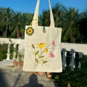 Unique Design Cotton <b>Canvas</b> <b>Tote</b> <b>Bag</b> Triple Wildflower Embroidery Reusable Shopping Shoulder Handbag <b>Small</b> Fabric Sack - Product Image 1