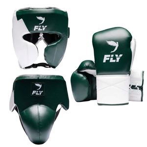 Fly Custom Professional Leather <b>Boxing</b> Equipment <b>Set</b> - Matching Design Shock-Absorbing Headgear, <b>Sparring</b> Gloves & Groin Guard - Product Image 1
