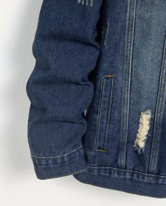 Chaqueta vaquera para hombre, azul, con lavado ácido y a la piedra, desgastada, con patchwork y rasgaduras, estilo casual urbano, cierre de botones, corte regular - Product Image 2