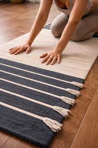 Contemporary Woven Exercise Mat Rectangle Navy White Striped Chenille Fabric Non-Slip Rubber Backing Medium Thickness Home Use - Product Image 1