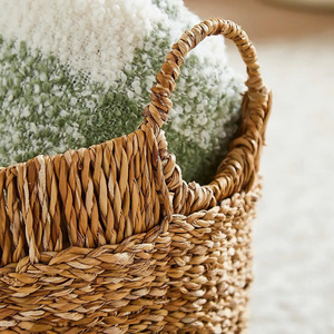 Round Vintage Woven Seagrass Handmade Eco-Friendly Storage <b>Basket</b> with Handles Multi-Purpose Home Organizer for Living Room - Product Image 4